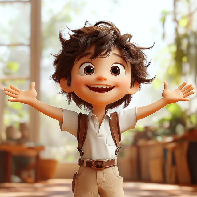 Cheerful young boy with tousled brown hair stands indoors with arms open wide