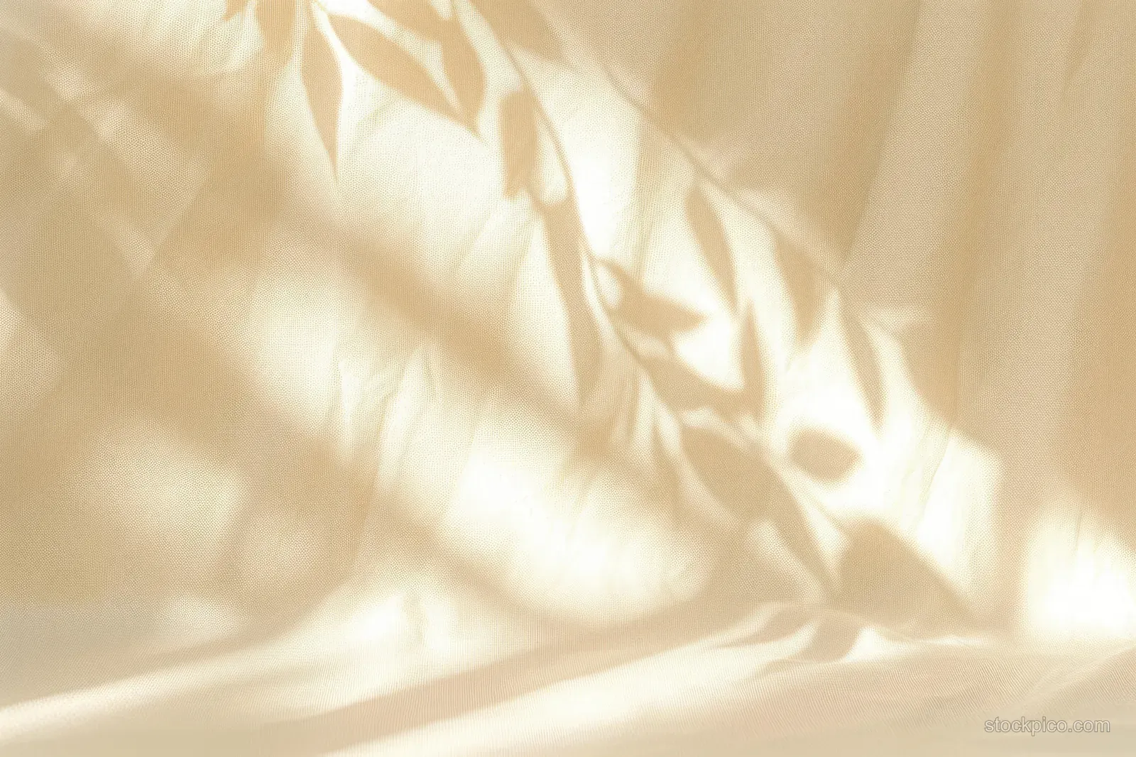 Warm sunlight forms delicate leaf shadows across wrinkled cream fabric indoors.