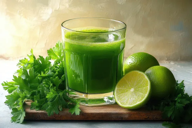 Green parsley lime juice in a glass with fresh herbs and sliced citrus on a wooden board