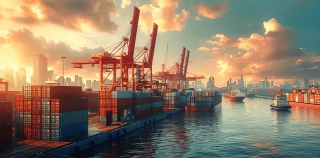 A cargo ship docked at a seaport while cranes lift stacked containers along the waterfront at sunset.