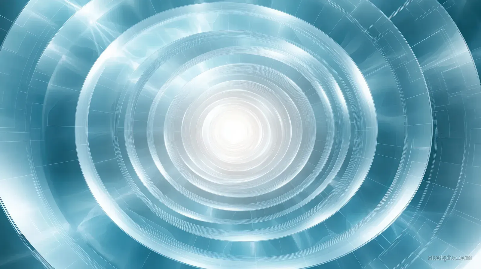 Blue and white concentric light rings glow outward from a bright center, creating a tunnel-like radial pattern.