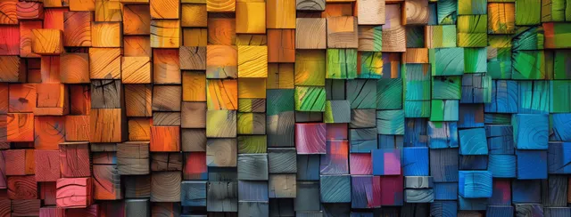 Rainbow wooden blocks mosaic arranged in rows with varied stains and visible grain