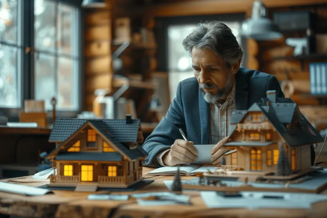Real estate agent signing a house contract at an office desk with small house models in front.