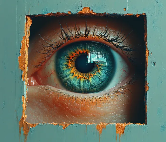 A close-up eye appears behind a torn wall, with a teal background suggesting surveillance and secrecy.