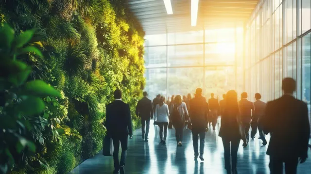 Employees walking through a modern office lobby beside a lush vertical green wall