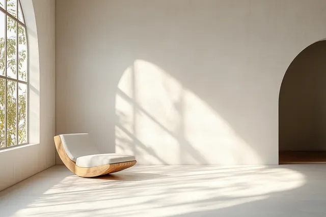 Minimalist interior room with arched window casting soft sunlight shadows on clean surfaces