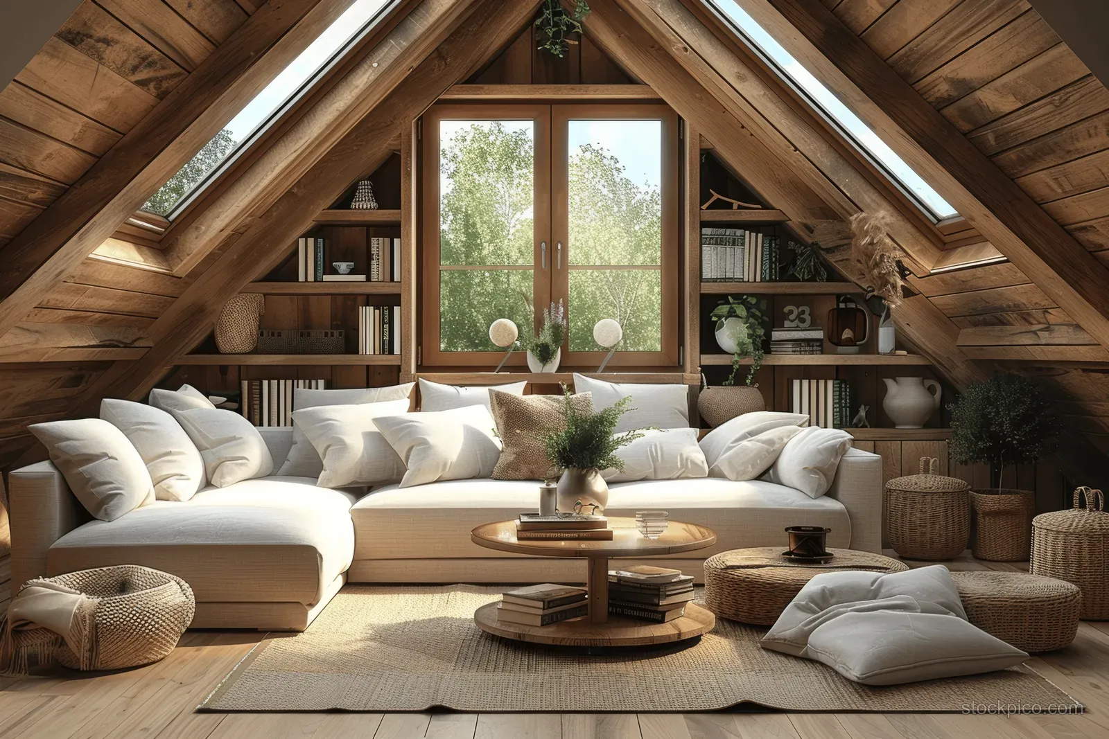White sectional sofa and coffee tables fill a cozy attic living room under skylights and a slanted wooden ceiling.