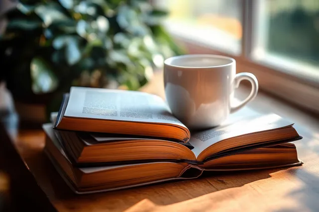 Open book and stacked novels with a white ceramic mug sit on a wooden table beside a sunlit window.