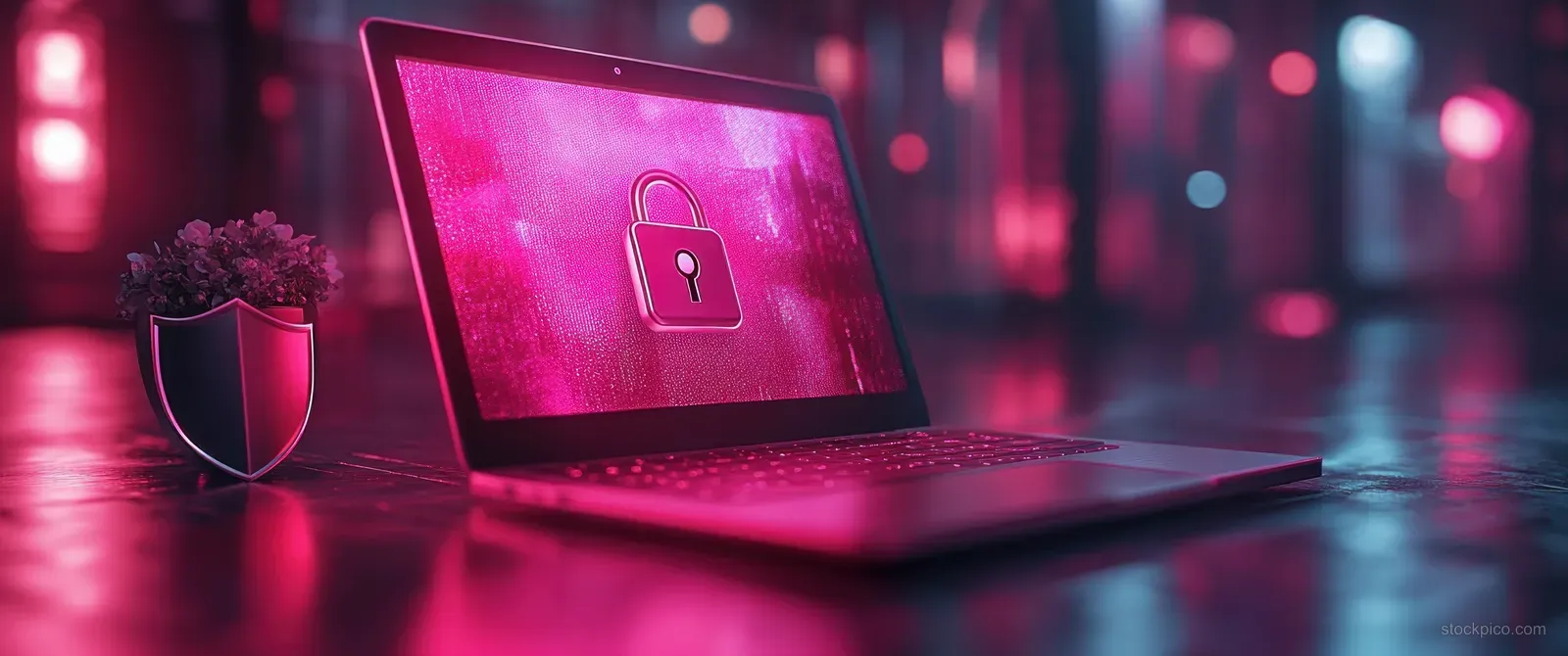 Laptop screen displays a glowing padlock shield icon with encrypted security visuals in a dark cyber environment.