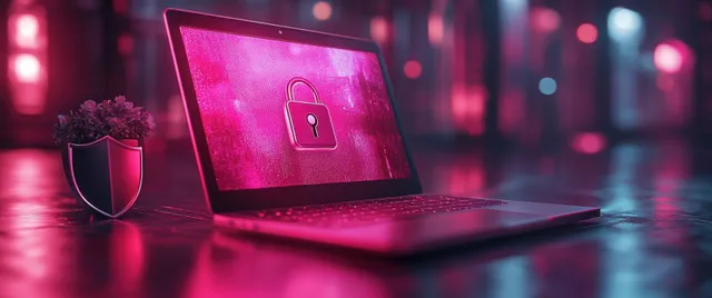 Laptop screen displays a glowing padlock shield icon with encrypted security visuals in a dark cyber environment.