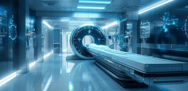 A hospital radiology corridor shows MRI and CT scan equipment with glowing digital interface screens.