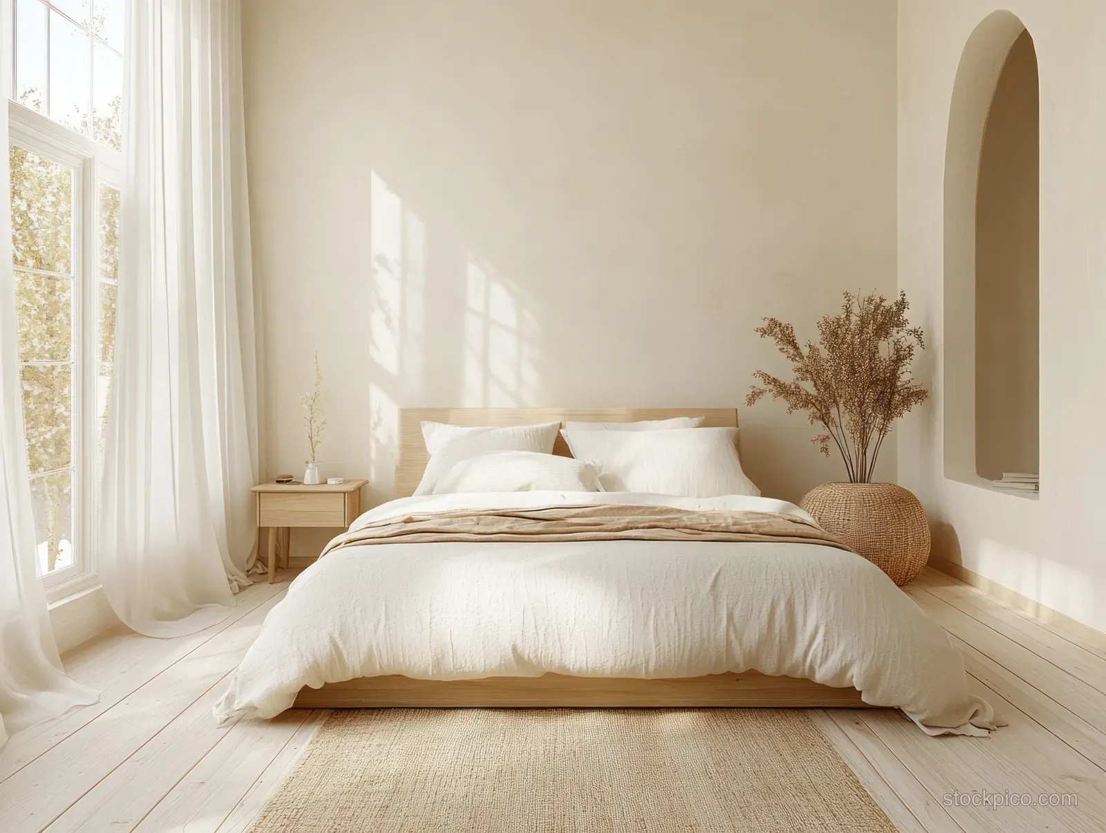 Beige minimalist bedroom with wooden bed, linen bedding, sheer curtains, and dried pampas grass in warm sunlight.