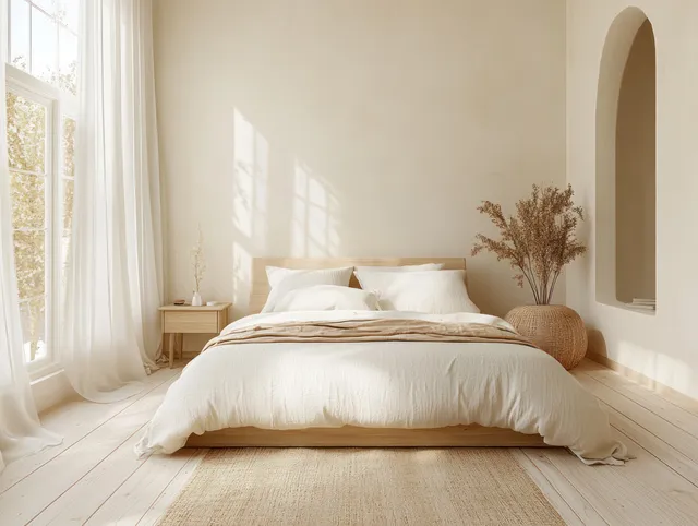 Beige minimalist bedroom with wooden bed, linen bedding, sheer curtains, and dried pampas grass in warm sunlight.