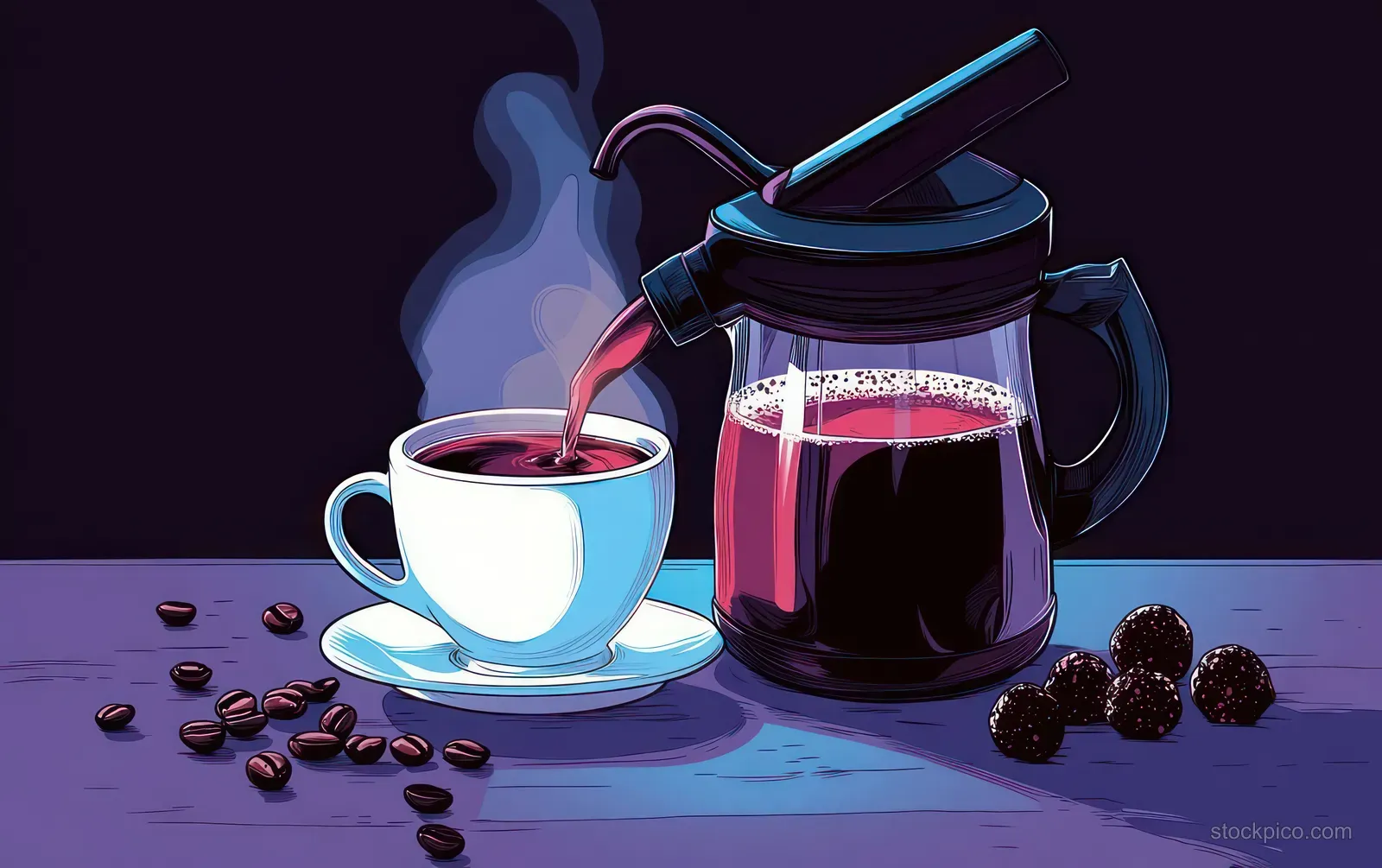 Hot coffee streams from a glass pot into a white cup on a saucer, with steam, coffee beans, and dark berries on a wooden table.