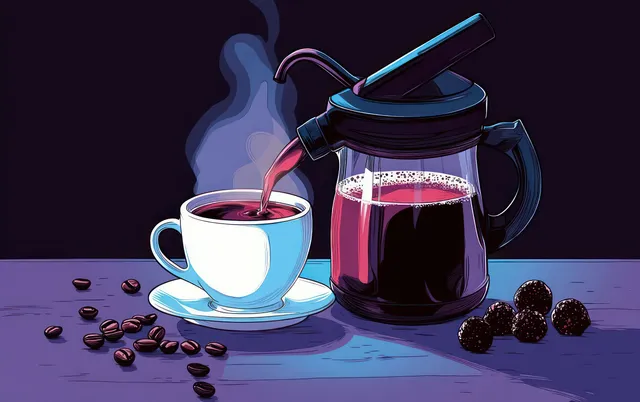 Hot coffee streams from a glass pot into a white cup on a saucer, with steam, coffee beans, and dark berries on a wooden table.