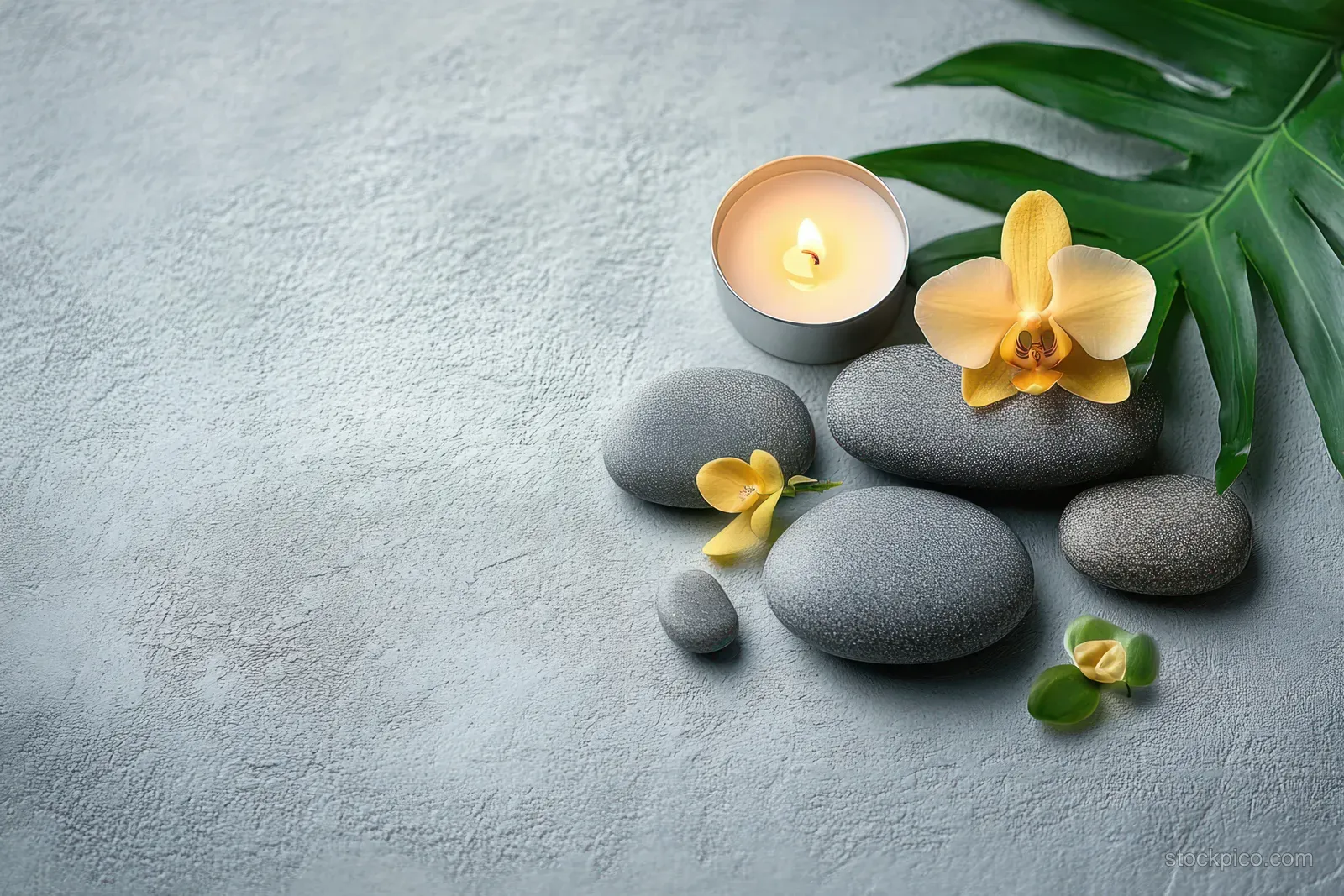 Lit candle beside smooth gray stones and a yellow orchid flower with green leaves on a textured stone surface.