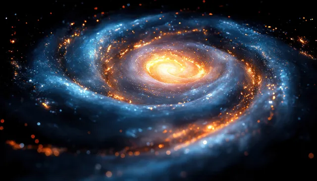 A spiral galaxy with blue glowing arms and a bright gold core surrounded by tiny stars on a dark space background.