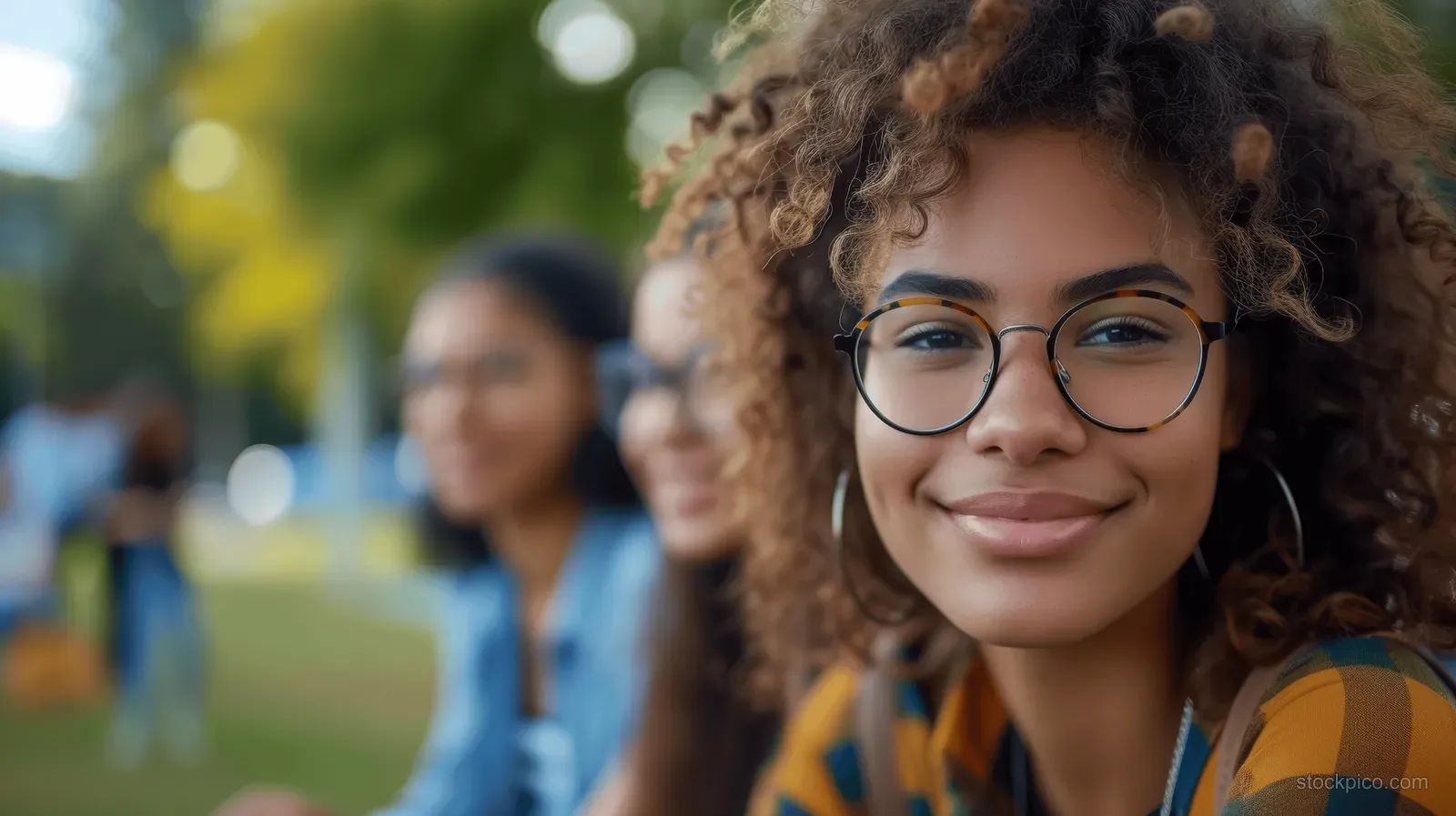 Curly-haired young woman with glasses smiles outdoors as friends chat in the background.