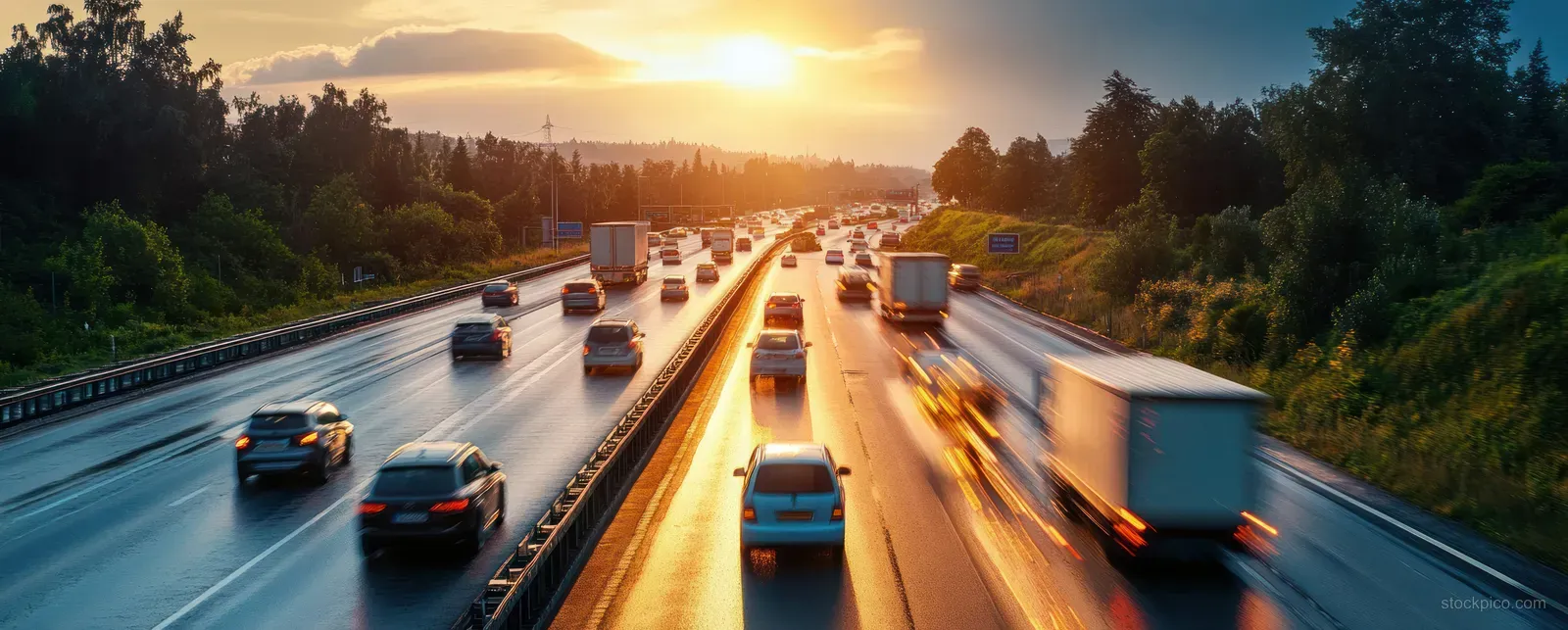Trucks and cars move along a multi-lane highway at sunset with golden light and motion blur.