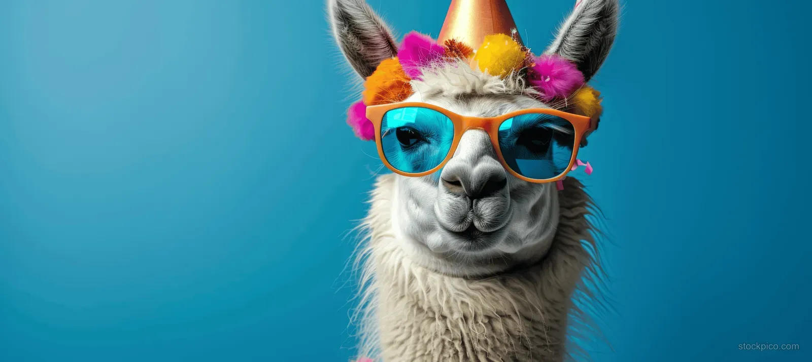 A smiling alpaca with a party hat and teal sunglasses appears on a blue background with small confetti pieces.