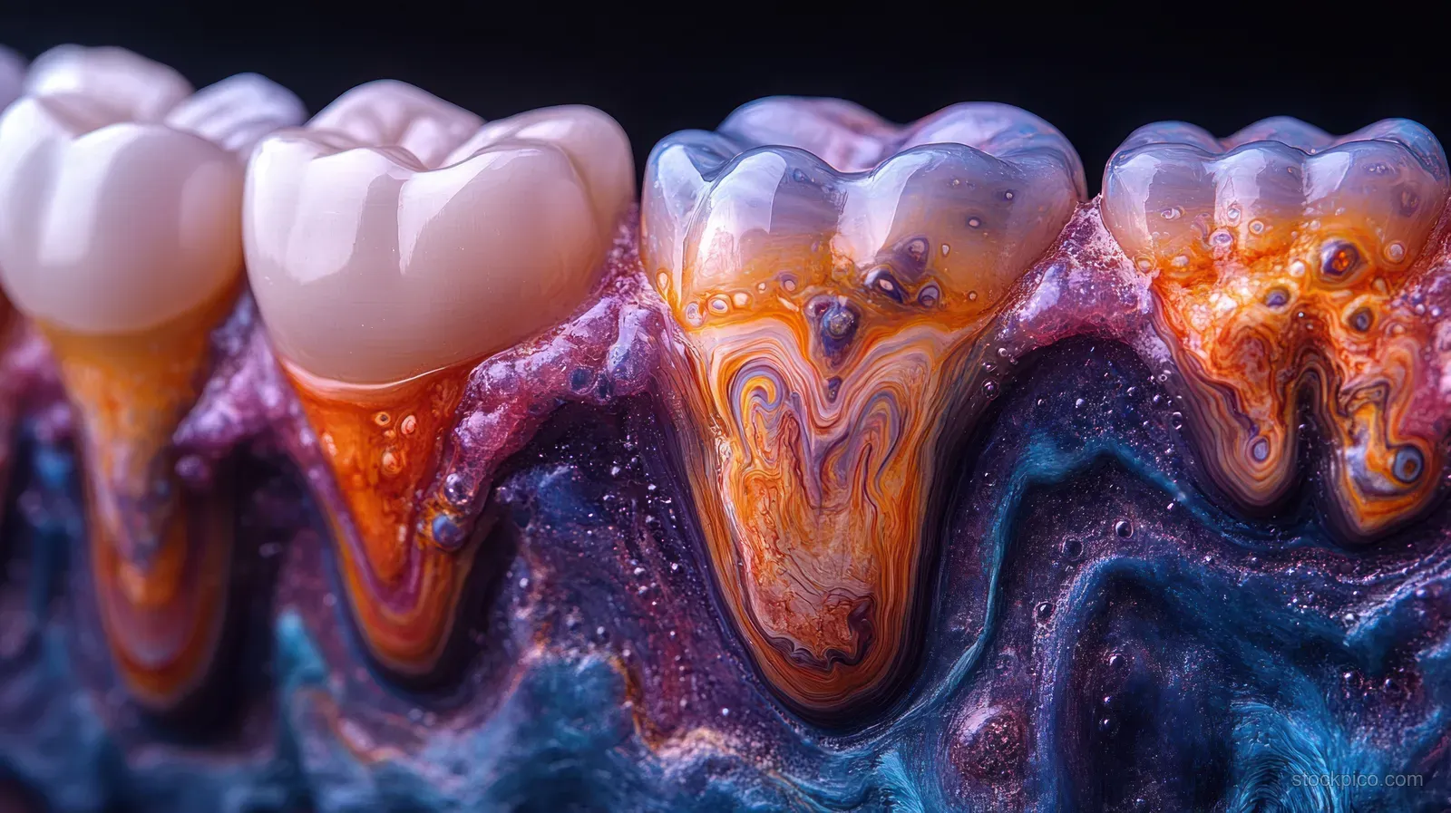 Macro close-up of a dental mold with colorful resin-like waves around tooth impressions on a dark background.