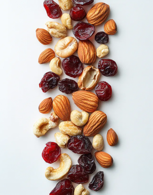 Almonds, cashews, macadamia nuts, and dried cranberries scattered on a white surface in a top-down view.