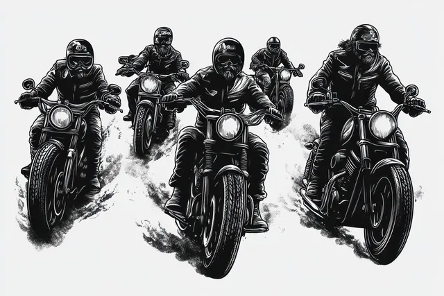 Five helmeted motorcyclists race forward on motorcycles, with dark tire skid marks against a white background.