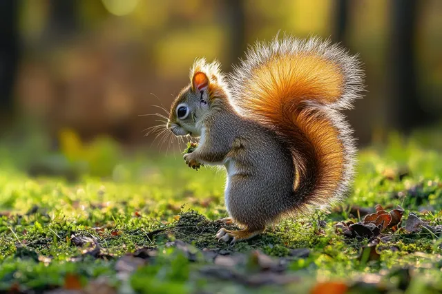 Small squirrel holding food while standing on mossy forest ground under warm sunlight with blurred trees behind it.