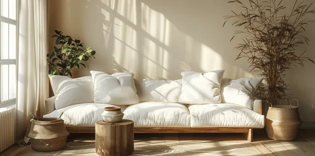 Beige sofa with white pillows in a Japandi living room, with sun rays from a window and a concrete wall backdrop.