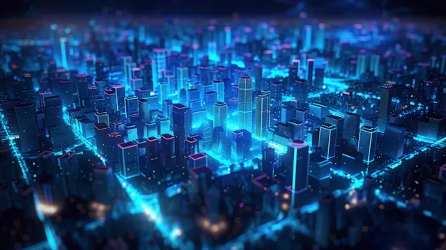 Aerial view of a neon blue futuristic city with connected buildings and glowing network lines.