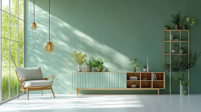 Sunlit Scandinavian living room with a mint green wall, armchair, shelving unit, and long window shadows on parquet flooring.