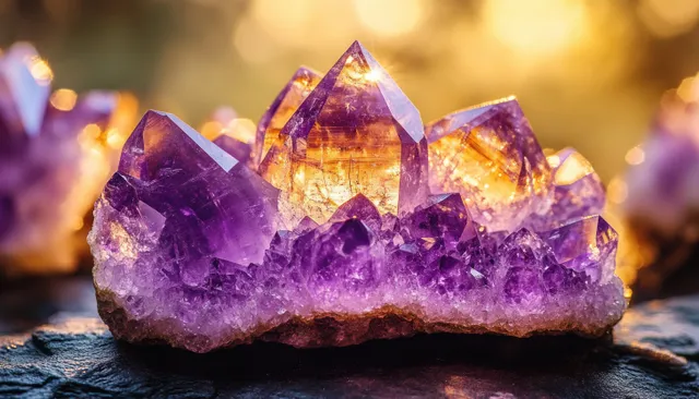 Sunlit amethyst crystal cluster with vivid purple facets and sparkling quartz texture on a dark tabletop.