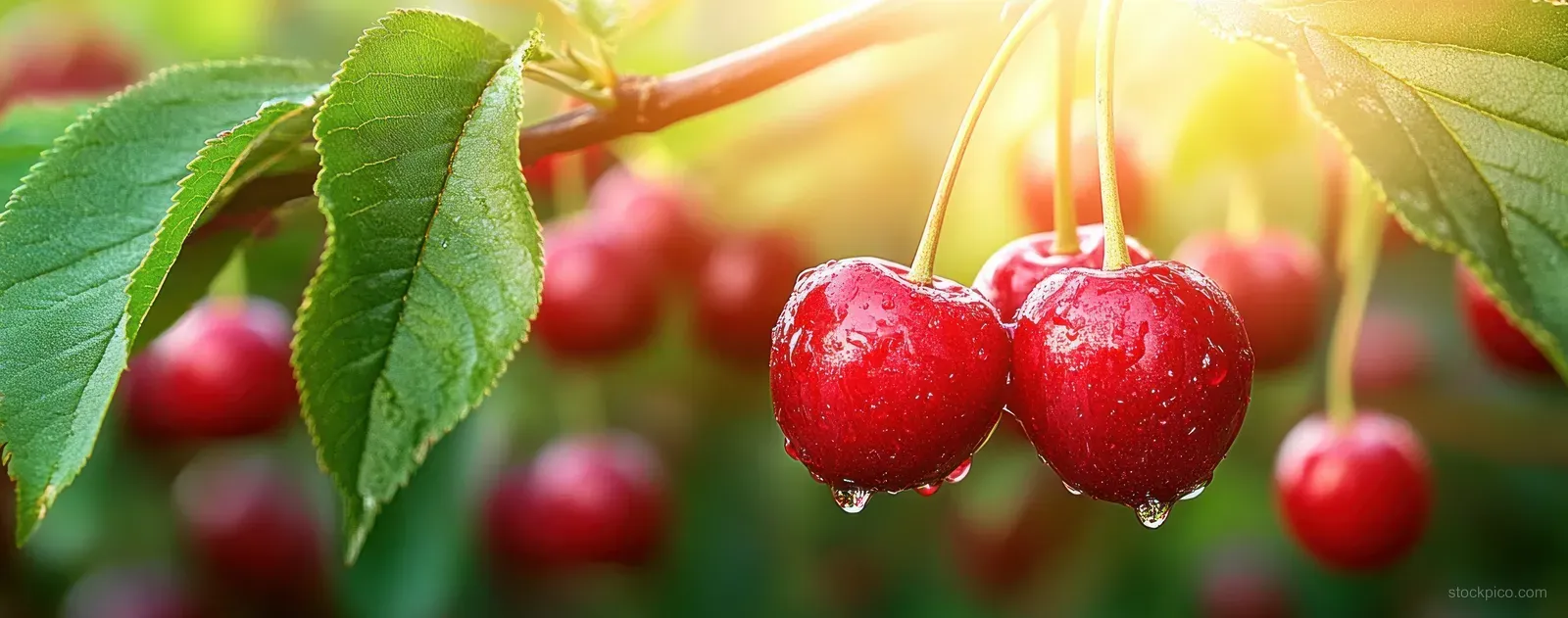 Red cherries on a green branch with dew droplets glinting in soft warm sunlight.