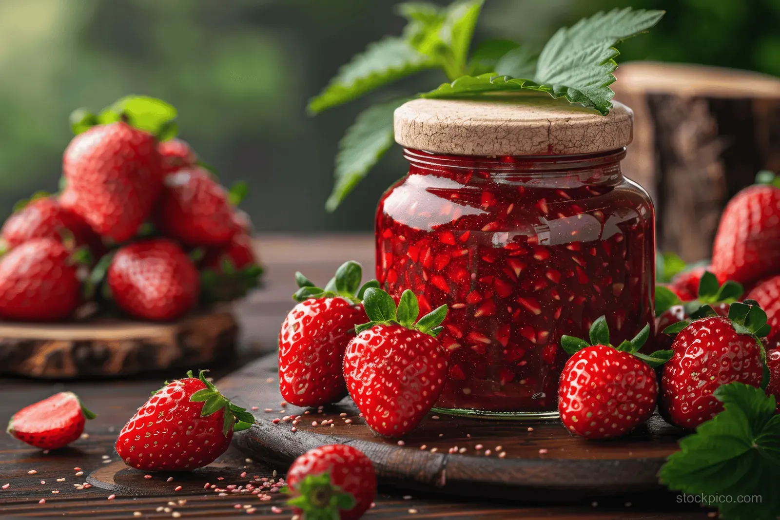 Homemade strawberry jam in a glass jar surrounded by fresh strawberries on a wooden table with leaves.