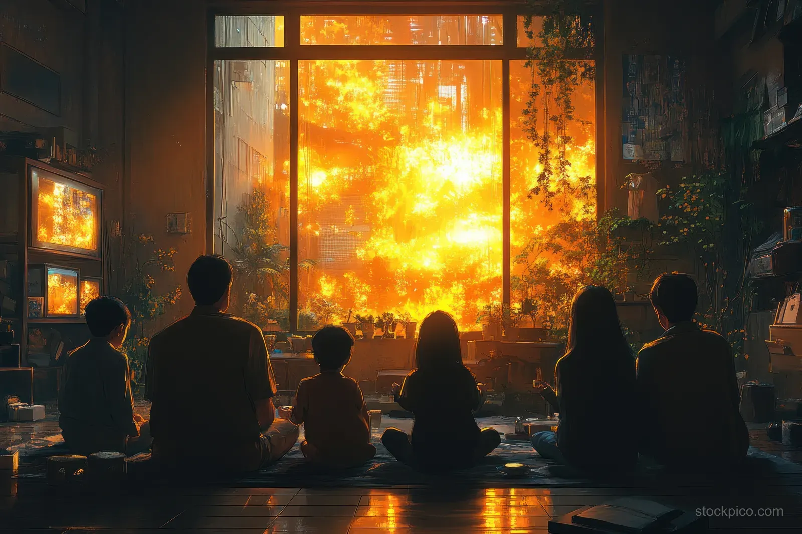 A family sits in the living room as children play on the floor under warm sunset light through a window.