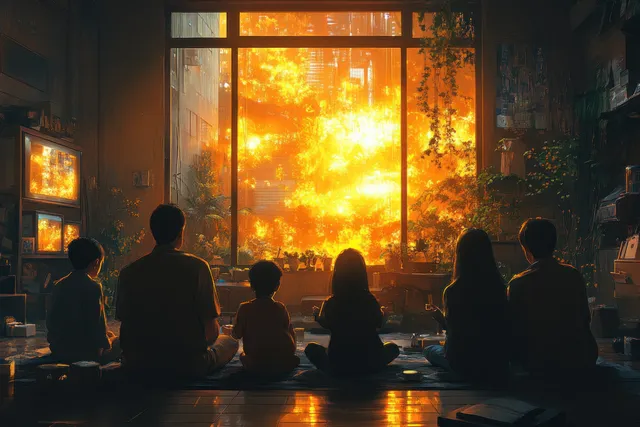 A family sits in the living room as children play on the floor under warm sunset light through a window.