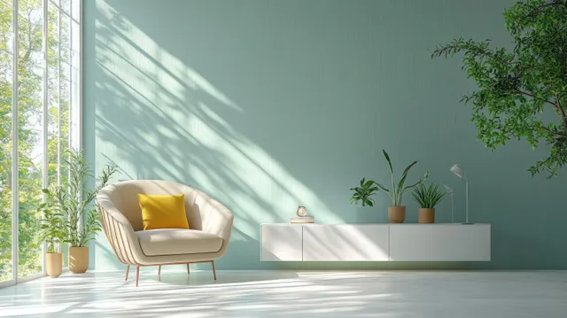 Yellow striped armchair sits beside a white TV cabinet under sunlight shadows on a green wall.