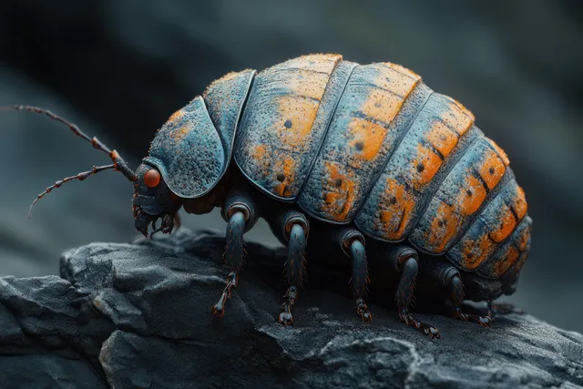 A macro isopod with segmented shell crawls on dark textured rock under dramatic lighting.