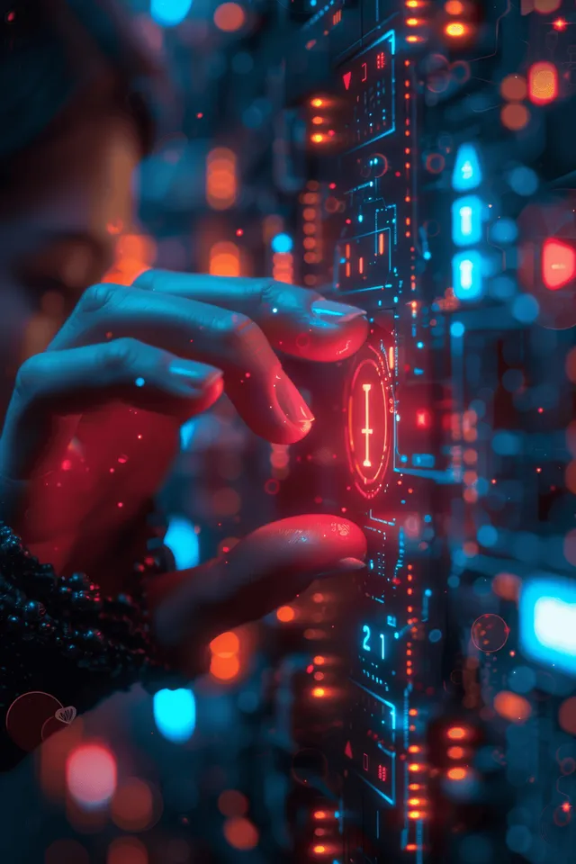 A technician touches a glowing holographic AI data interface over blurred server racks with red and blue network lights.