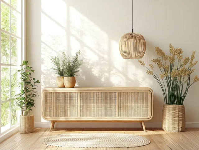 Sunlit minimalist living room with a wooden sideboard, potted green plants, woven lantern, and tall window light.