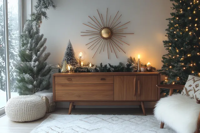 Lit candles and small Christmas trees sit on a wooden console in a cozy Scandinavian living room with gold star decor.