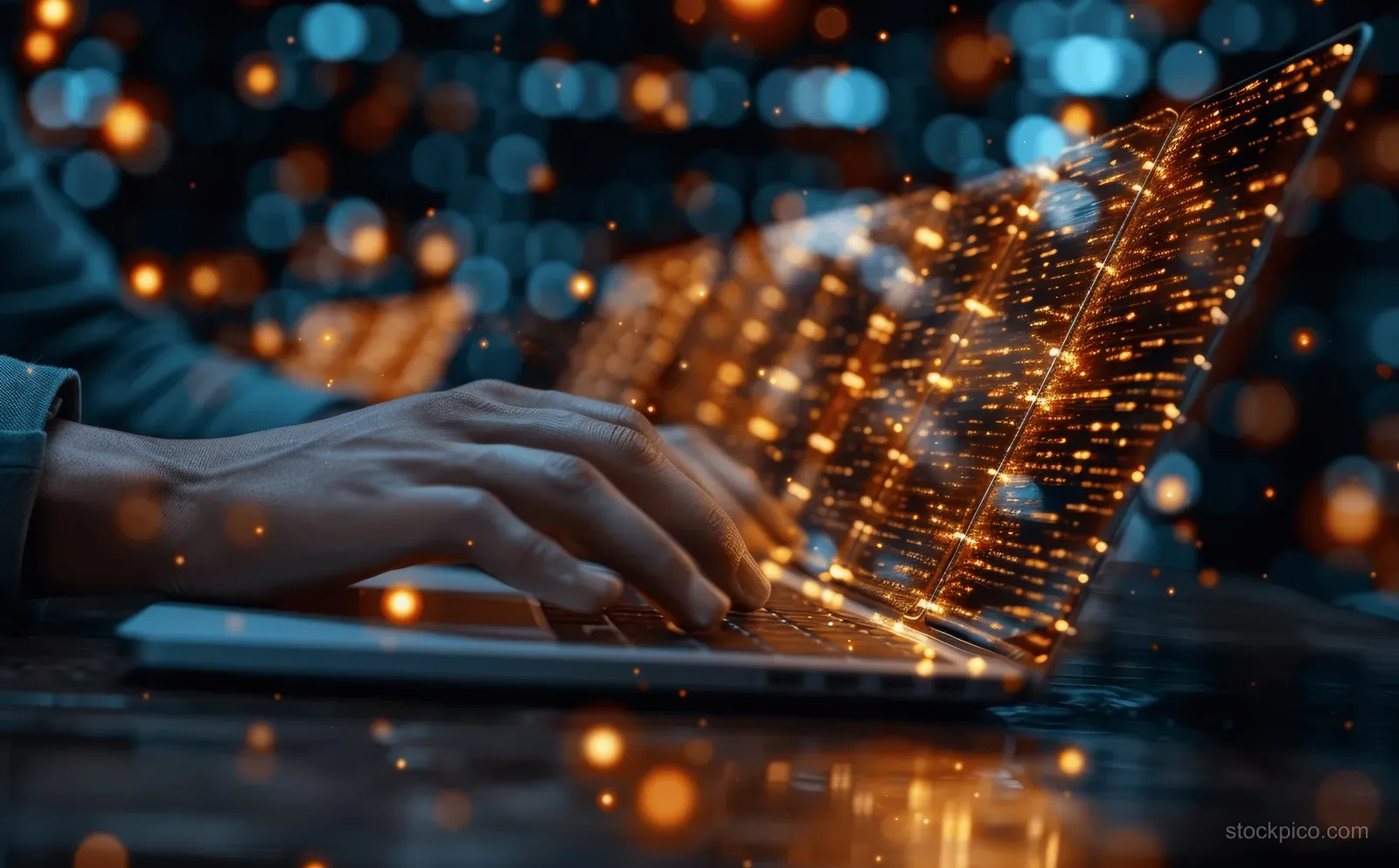 A businessman types on a tablet showing a glowing cloud document management interface with secure access icons.