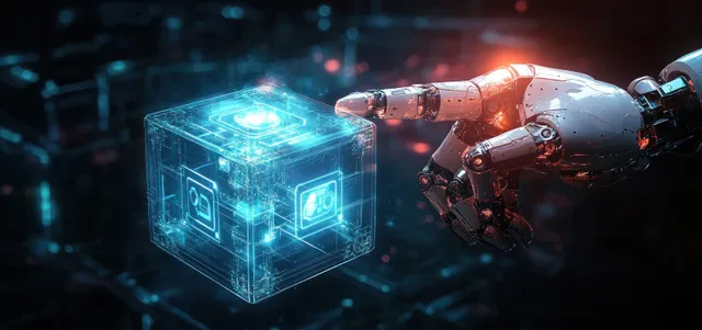 A robotic arm reaches toward glowing holographic data cubes over a neon cyberspace network.