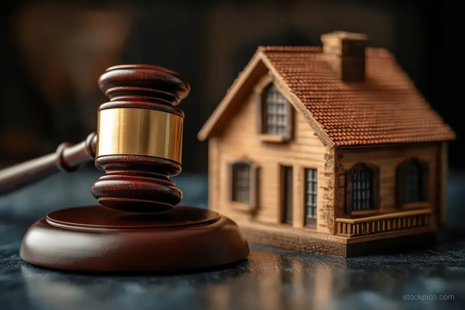 A wooden judge gavel sits beside a miniature house model on a dark surface.