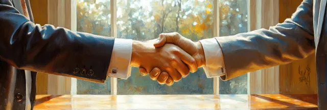 Dos ejecutivos se dan la mano al otro lado de una mesa de reuniones en una oficina luminosa con grandes ventanas detrás de ellos.