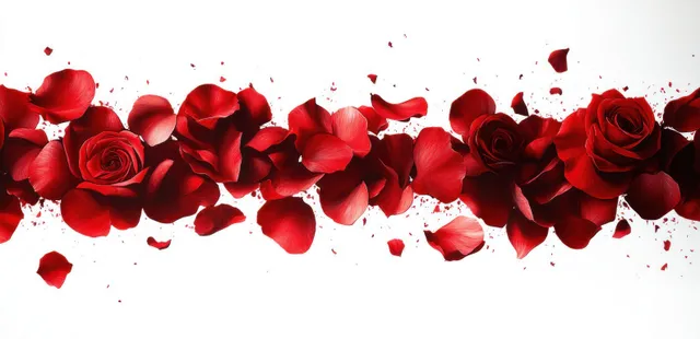 Red roses and scattered petals arranged in a horizontal line on a white background.