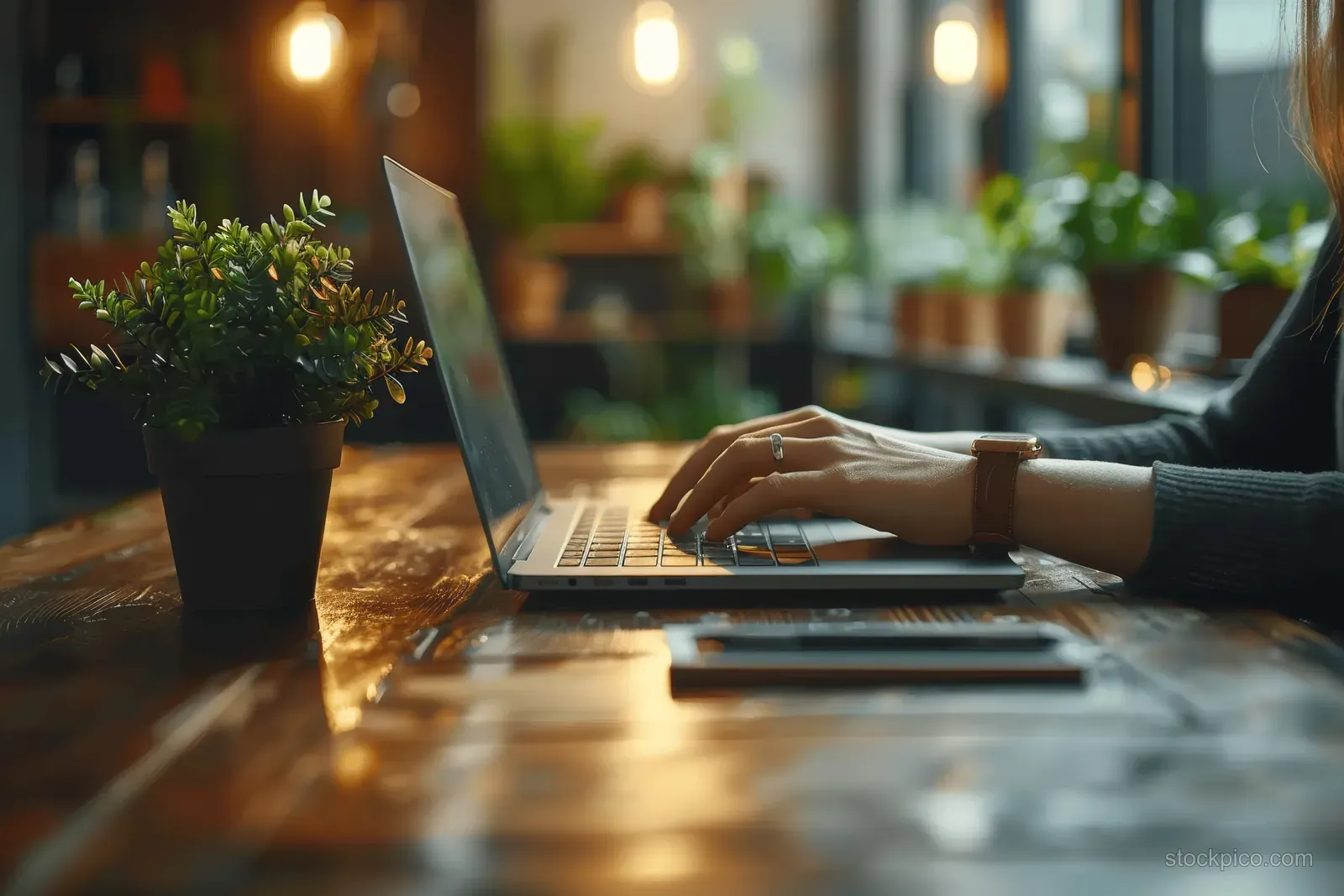 Woman’s hands typing on a laptop at a cafe table while documents and a mobile phone rest nearby.