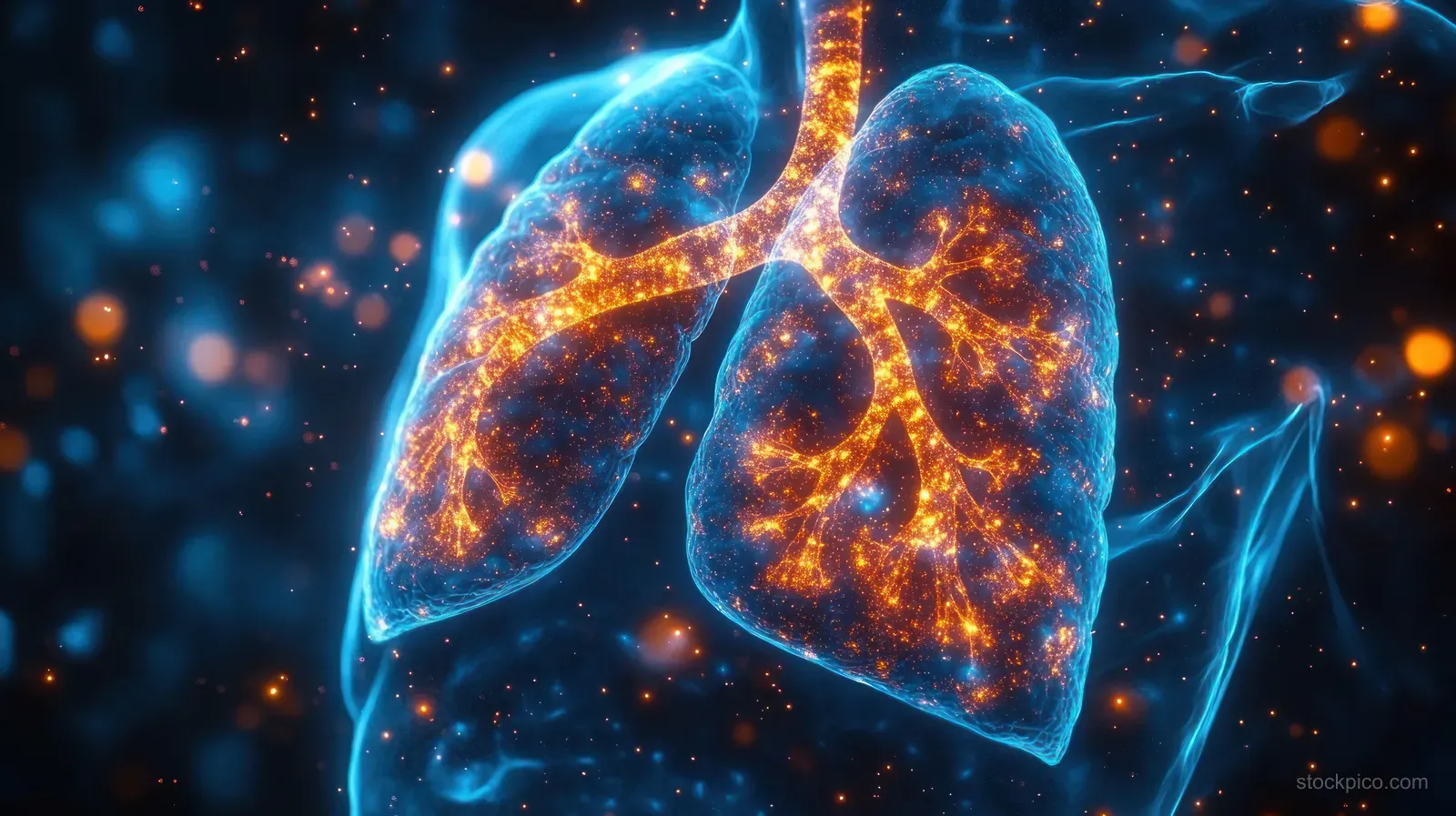 Glowing human lungs surrounded by blue nebulae and orange sparks.