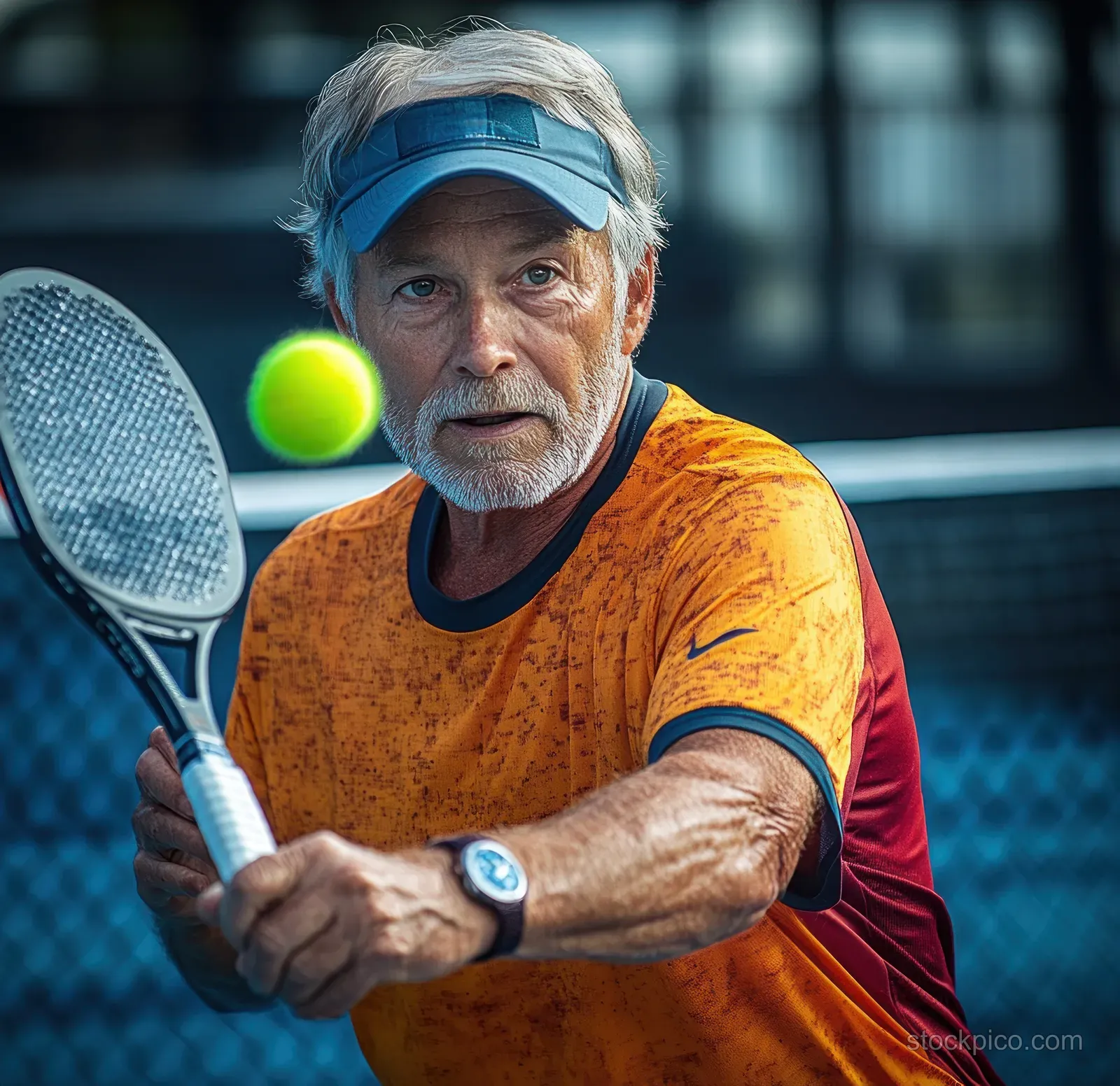 A senior man in an orange sports shirt and blue visor prepares to hit a green paddle tennis ball outdoors.