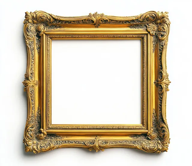 Ornate empty golden picture frame with carved floral scroll details isolated on a white background.